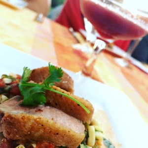 Seared Duck Breast with Fire Roasted Tomato, Poblano, and Corn Salsa paired with Hibiscus Cooler.